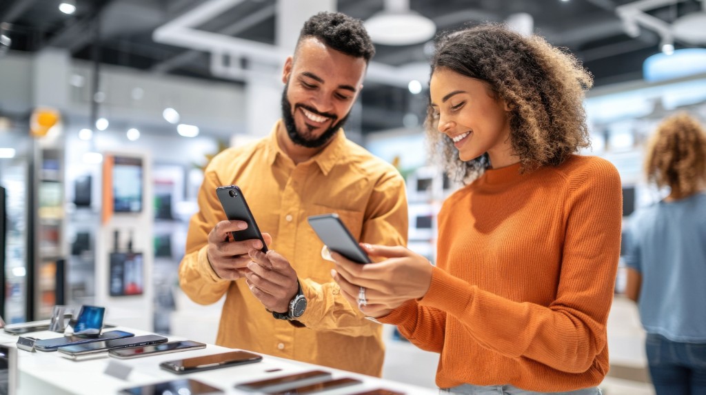 Clientes felizes escolhendo smartphones no catálogo digital
